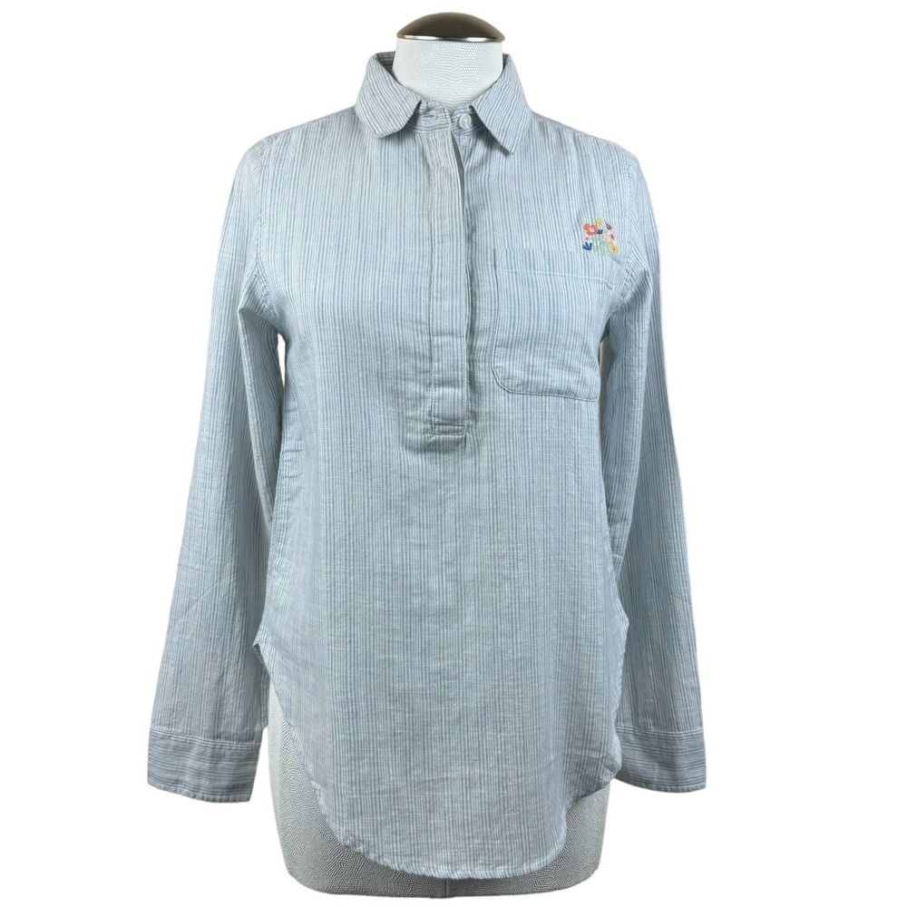 Marine Layer Women's Greta Popover Blue Stripe Embroidered Flowers XS Shirt‎